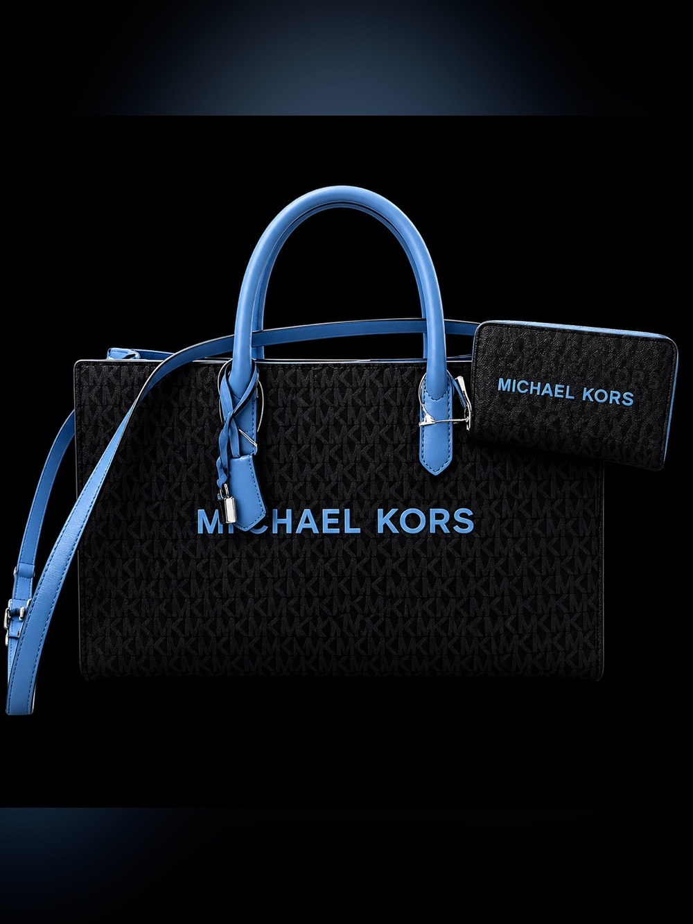 Michael Kors Black Duffel with Bright Blue Trim and Logo